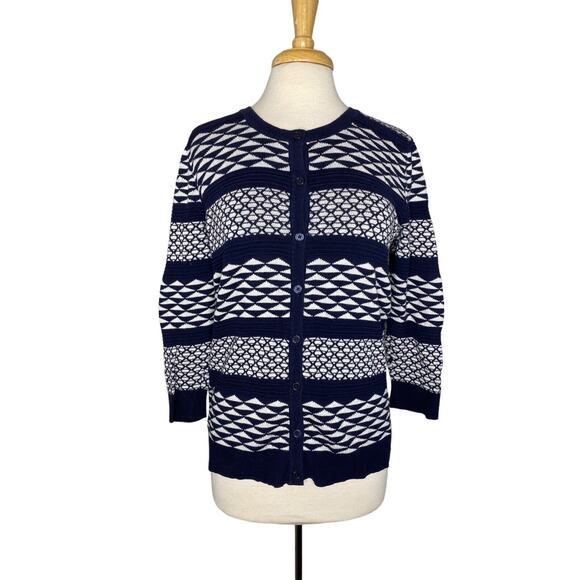MERONA Nautical Blue Geometric Stripe Knit 100% Cotton Cardigan XL 3/4 Sleeve - Picture 1 of 10